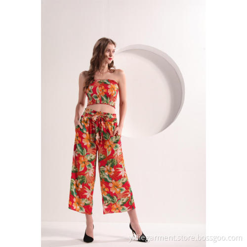 Damen Blumendruck Hosen mit hoher Taille und weitem Bein